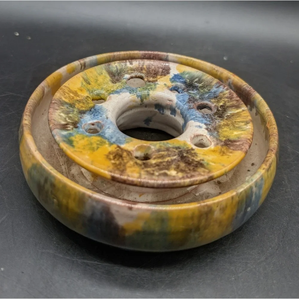 Ridge Hand Studio Pottery Ceramic Flower Frog Bowl Set Drip Glaze Multicolor 5